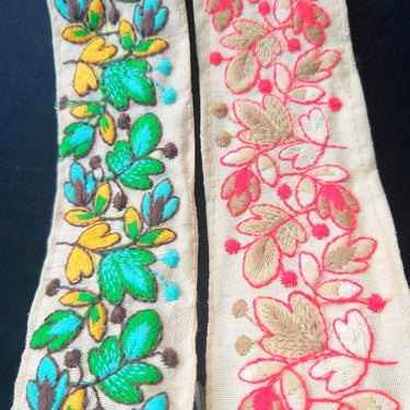 Beige Fabric Trim, Floral Embroidery in Red And Beige / Green And Yellow, Approx. 45mm- 210119L39/40
